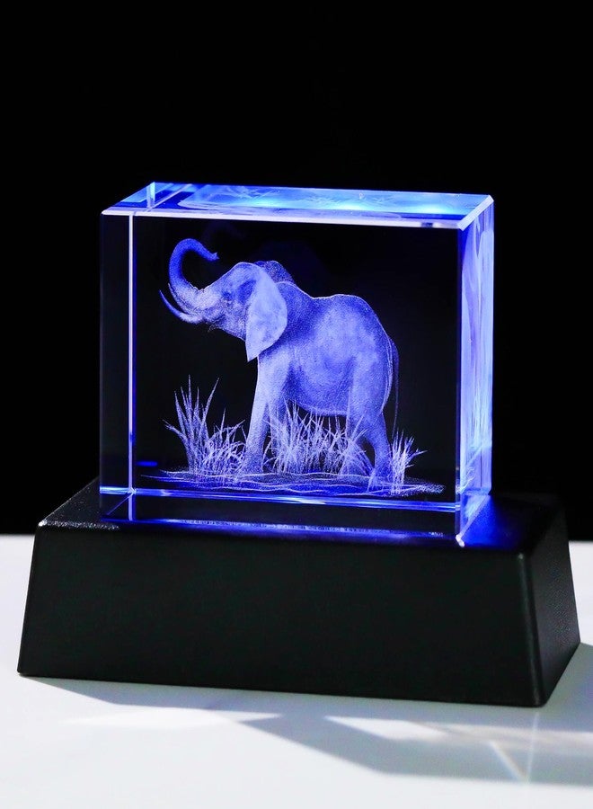 YWHL 3D Crystal Elephant Figurine With Colorful Light Base, Laser Engraved Gifts for Women Men on Christmas Birthday, Animal Collection for Home Table Decor, Clear - Image 1